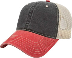 Cap America I3027 Washed Pigment Dyed with Washed Mesh Cap - Black Red Stone - Black Red Ivory / One Size Fits Most