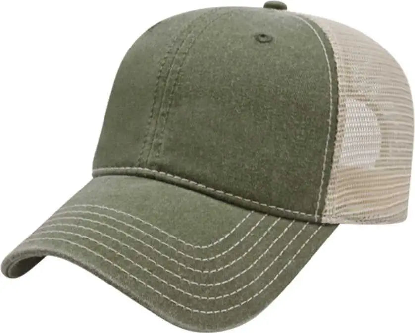 Cap America I3027 Washed Pigment Dyed with Washed Mesh Cap - Olive Stone - Olive Ivory / One Size Fits Most