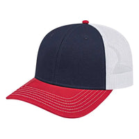Cap America I3028 Modified Flat Bill with Mesh Back Cap - Navy Red White - Navy Red / One Size Fits Most