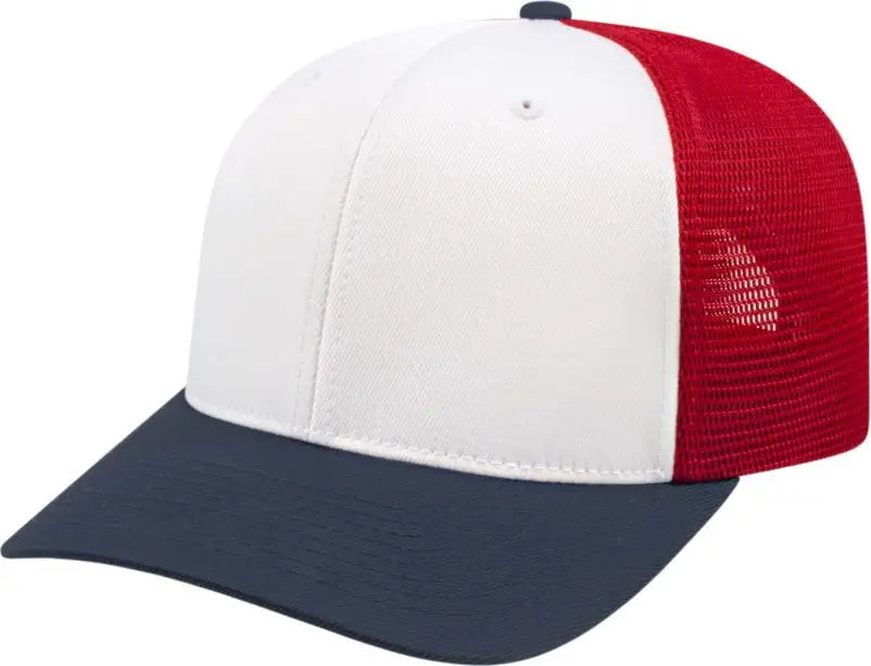 Cap America i8502 Flexfit 110 Trucker Mesh Back Cap - White Navy Red - White Navy / One Size Fits Most