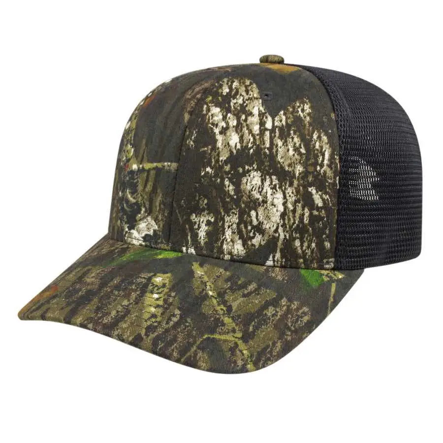 Cap America i8511 Flexfit 110 Camo Trucker Mesh Back Cap - Mossy Oak Break Up Black - Mossy Oak Black / One Size Fits