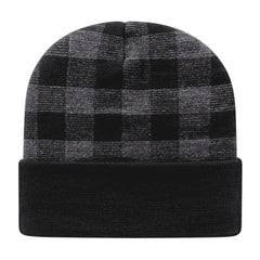 Cap America RKP12 USA Made Plaid Knit Cap with Cuff Beanie - Dark Heather Black - Dark Gray Black / One Size Fits Most