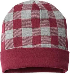 Cap America RKP12 USA Made Plaid Knit Cap with Cuff Beanie - Heather Maroon - Maroon / One Size Fits Most