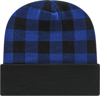 Cap America RKP12 USA Made Plaid Knit Cap with Cuff Beanie - True Royal Black - Royal Black / One Size Fits Most