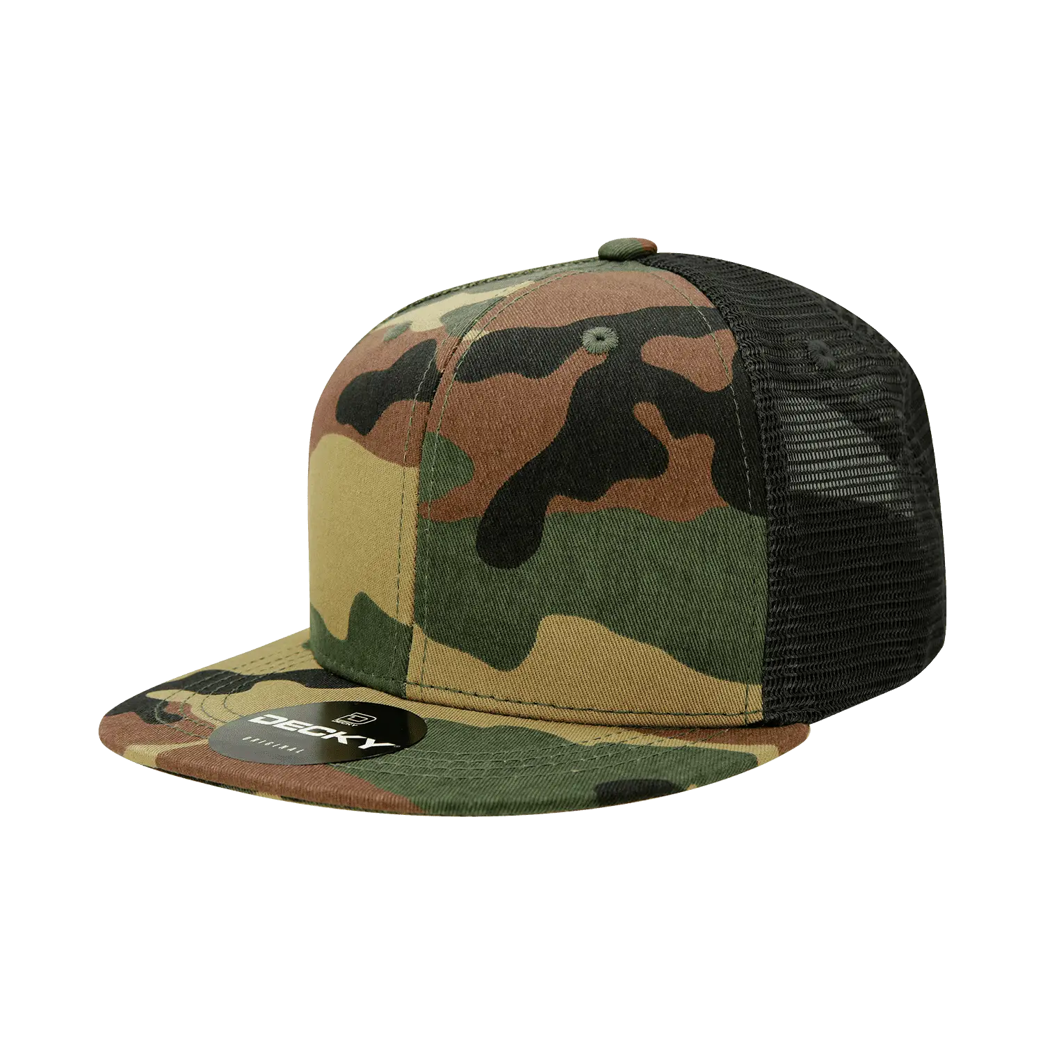 Decky 1055 Cotton Flat Bill Trucker Cap - Woodland Camo Black - Muti-Color / One Size Fits Most