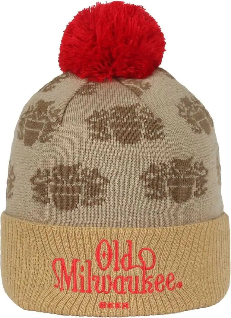 OC Sports BEER-034 Pabst Beanie with Pom - Putty Gold Red - Light Gray Gold / 6 7/8’’ - 7 1/2’’