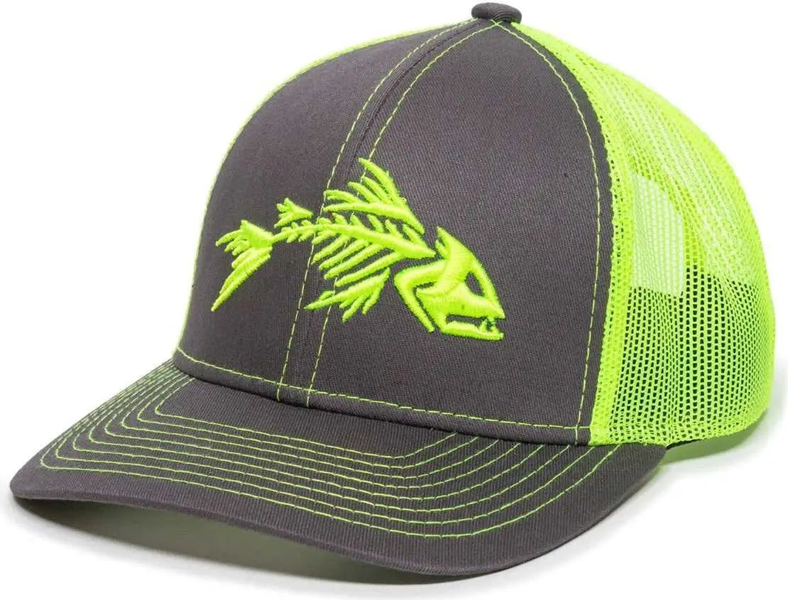 OC Sports BON-800 Fishing Adjustable Mesh Back Cap - Charcoal Neon Yellow - Dark Gray Yellow / 6 7/8’’ - 7 1/2’’