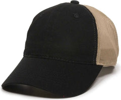 OC Sports FWT-130 Garment Wash Mesh Back Baseball Cap - Black Tan - Black Tan / 6 7/8’’ - 7 1/2’’