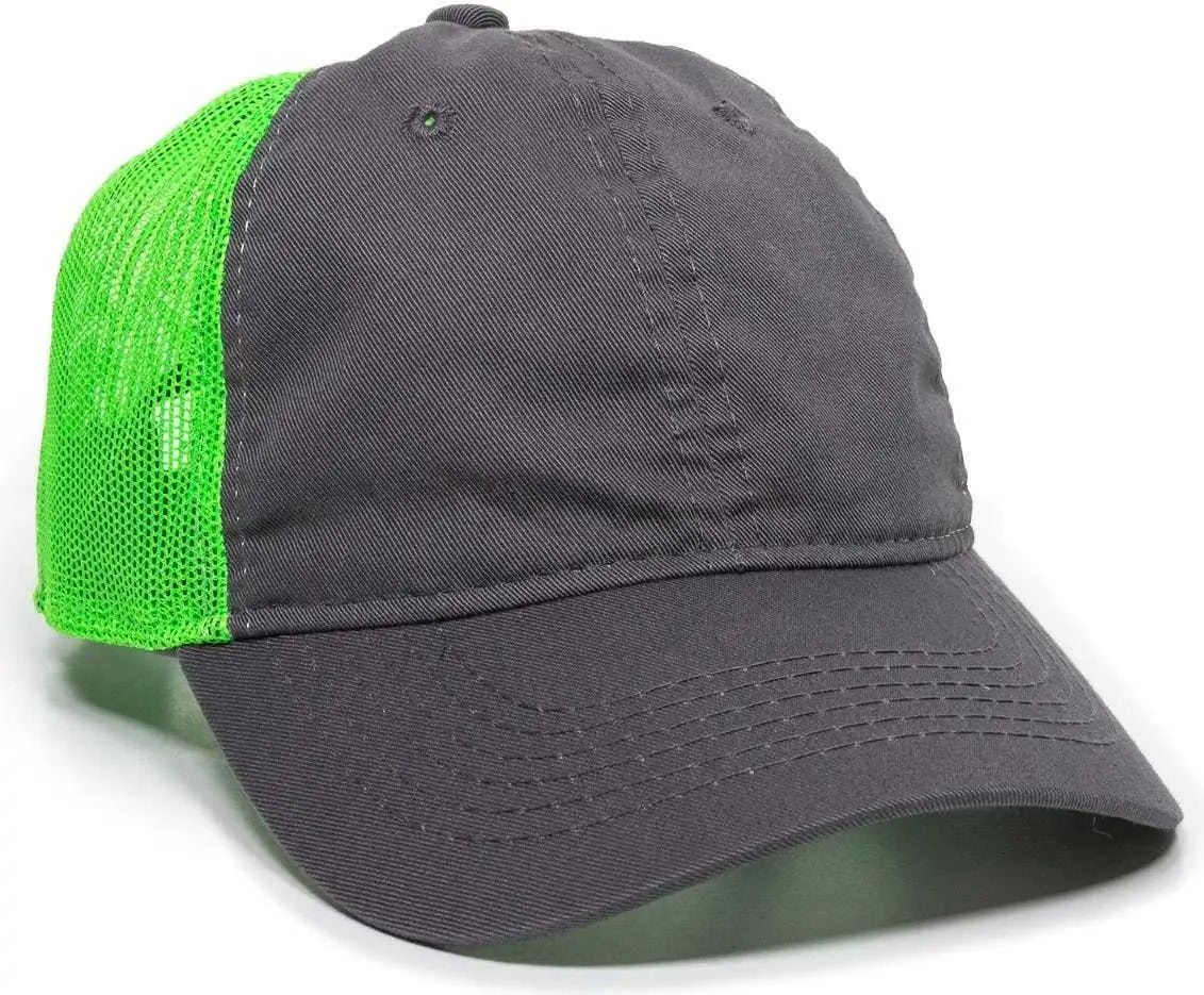 OC Sports FWT-130 Garment Wash Mesh Back Baseball Cap - Charcoal Neon Green - Dark Gray Green / 6 7/8’’ - 7 1/2’’