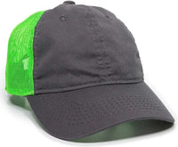 OC Sports FWT-130 Garment Wash Mesh Back Baseball Cap - Charcoal Neon Green - Dark Gray Green / 6 7/8’’ - 7 1/2’’