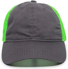 OC Sports FWT-130 Garment Wash Mesh Back Baseball Cap - Charcoal Neon Green - Dark Gray Green / 6 7/8’’ - 7 1/2’’