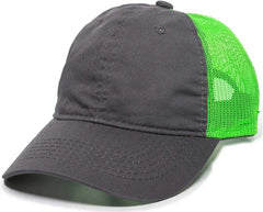 OC Sports FWT-130 Garment Wash Mesh Back Baseball Cap - Charcoal Neon Green - Dark Gray Green / 6 7/8’’ - 7 1/2’’