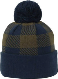 OC Sports KNF-PLD Plaid Watch Beanier with Pom - Navy Olive - Olive / OSFM