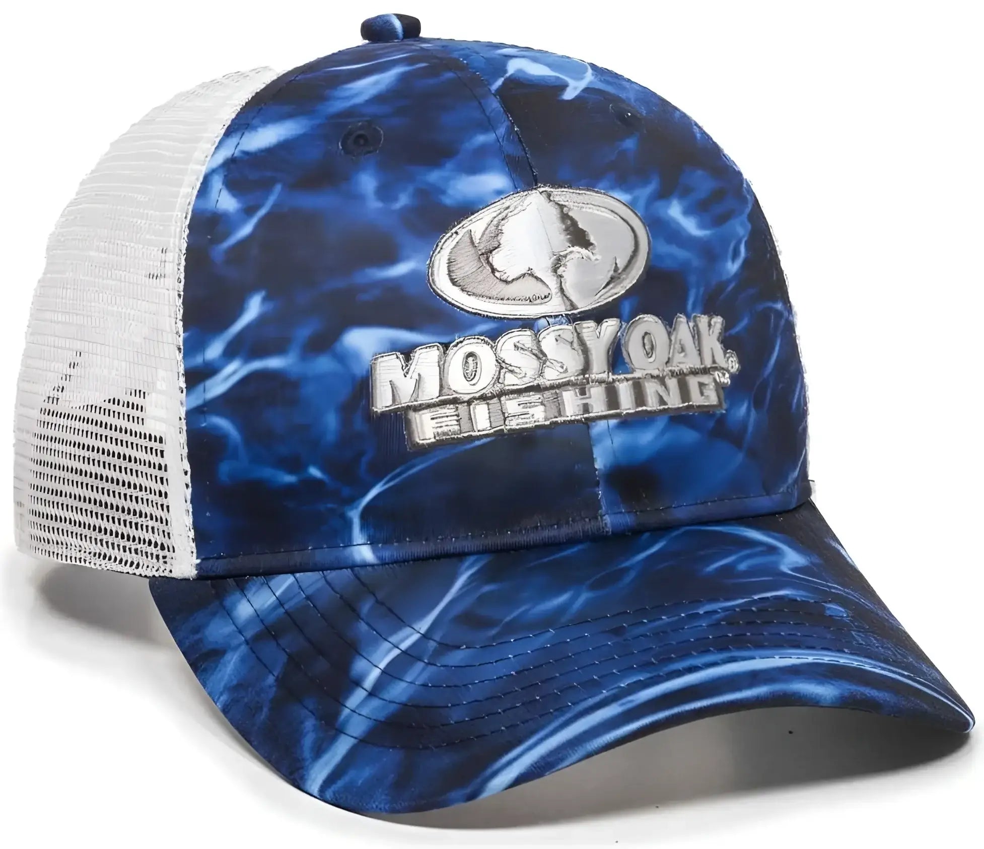 OC Sports MOFS44A Mossey Oak Fishing Polyester Camo Front Panels Cap - Mossy Oak Elements Agua Marlin White - Mossy Oak