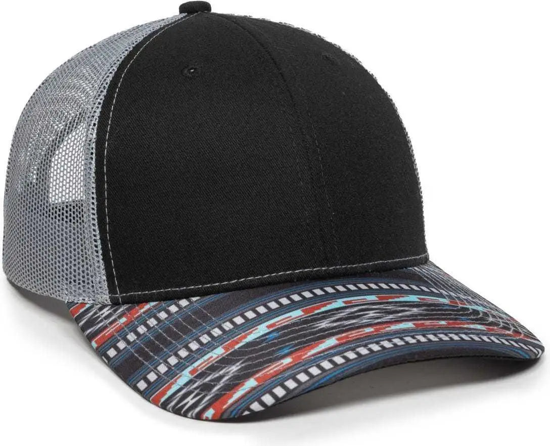 OC Sports OC771P Slight Pre-Curved Sublimated Visor Cap - Black Light Gray Aqua - Black Gray / 6 7/8’’ - 7 1/2’’