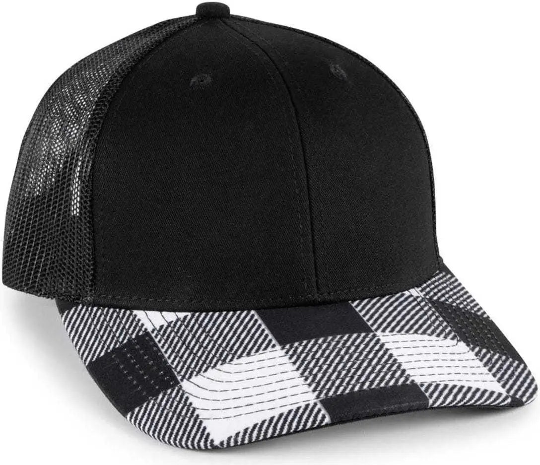 OC Sports OC771P Slight Pre-Curved Sublimated Visor Cap - Black Black Black Plaid - Black / 6 7/8’’ - 7 1/2’’