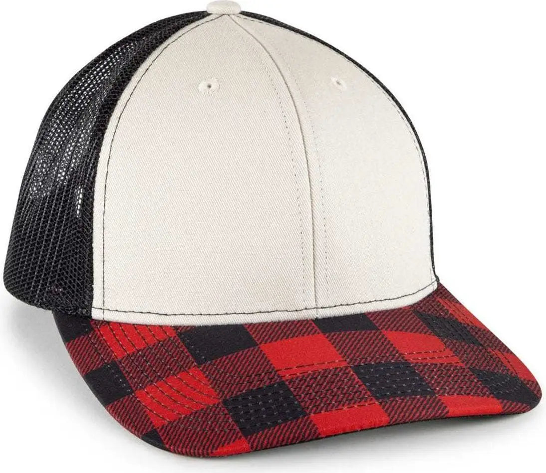 OC Sports OC771P Slight Pre-Curved Sublimated Visor Cap - Stone Black Red Plaid - Black Red / 6 7/8’’ - 7 1/2’’