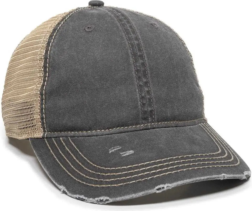 OC Sports OC801 Washed Adjustable Tea-Stained Mesh Back Panels Cap - Black Tea Stain - Black Ivory / 6 7/8’’ - 7 1/2’’