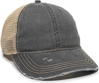 OC Sports OC801 Washed Adjustable Tea-Stained Mesh Back Panels Cap - Black Tea Stain - Black Ivory / 6 7/8’’ - 7 1/2’’