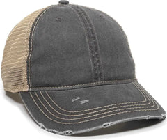 OC Sports OC801 Washed Adjustable Tea-Stained Mesh Back Panels Cap - Black Tea Stain - Black Ivory / 6 7/8’’ - 7 1/2’’