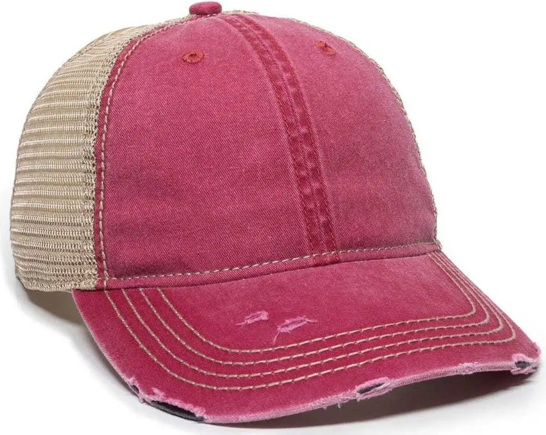 OC Sports OC801 Washed Adjustable Tea-Stained Mesh Back Panels Cap - Ruby Tea Stain - Cardinal Ivory / 6 7/8’’ - 7 1/2’’