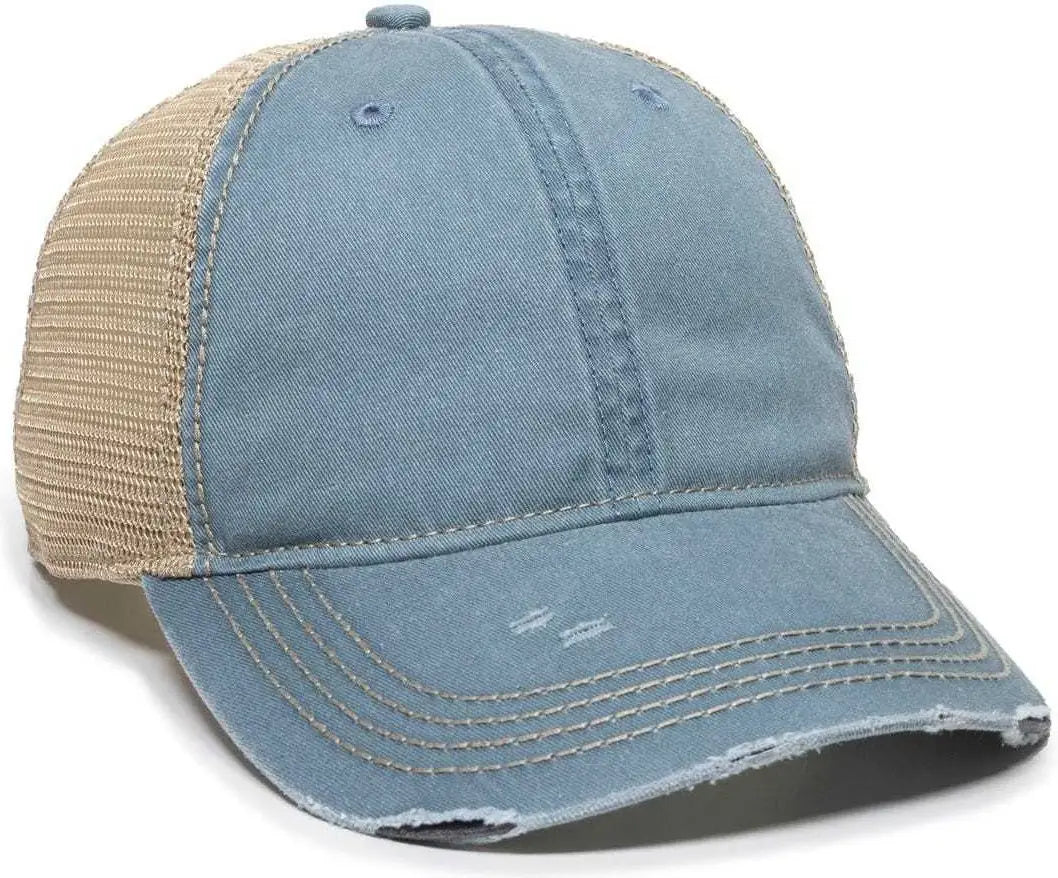 OC Sports OC801 Washed Adjustable Tea-Stained Mesh Back Panels Cap - Sage Tea Stain - Blue Ivory / 6 7/8’’ - 7 1/2’’