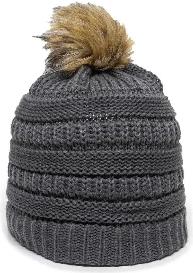 OC Sports OC805 Ladies Beanie with Pom - Charcoal Gold - Dark Gray Gold / One Size Fits Most