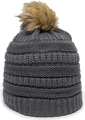 OC Sports OC805 Ladies Beanie with Pom - Charcoal Gold - Dark Gray Gold / One Size Fits Most