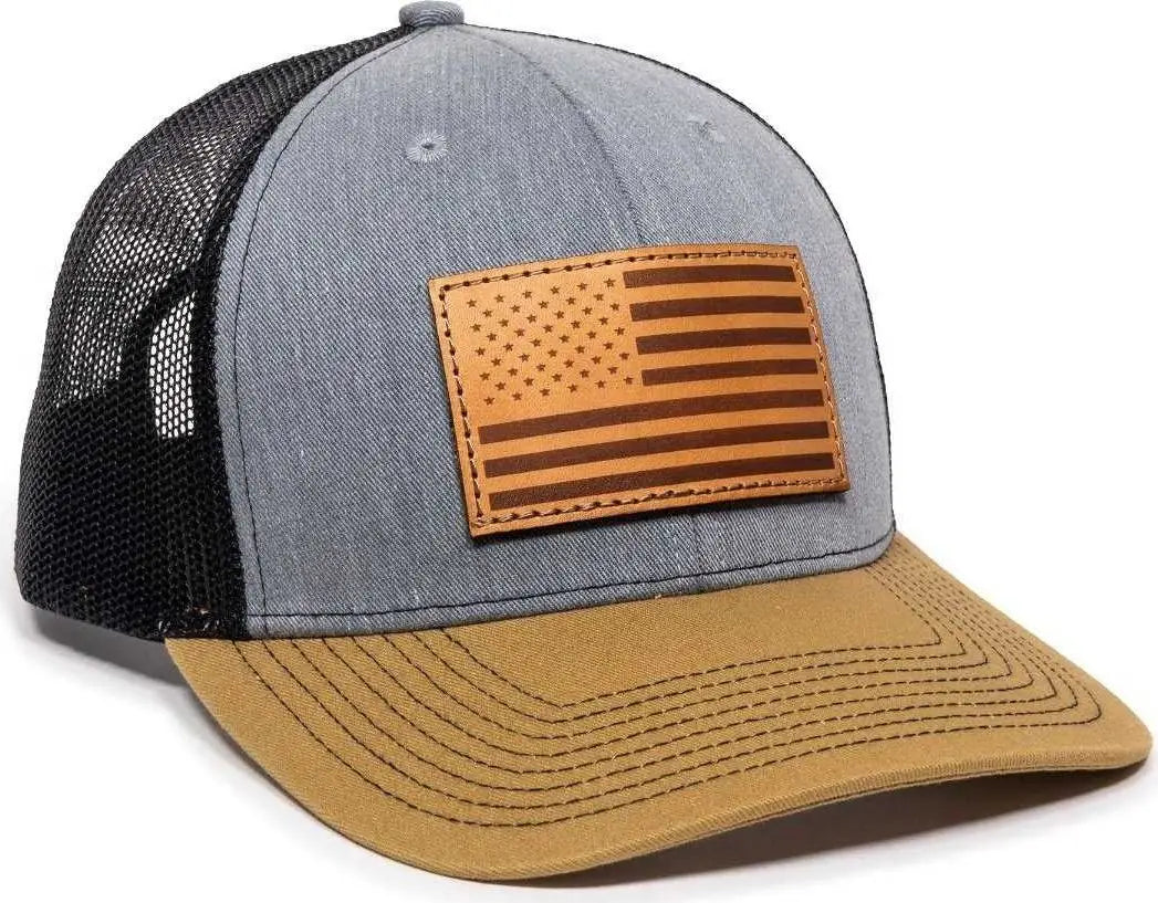 OC Sports USA771 American Flag Leather Patch Cap -Heathered Gray Black Old Gold - Gray Black / 6 7/8’’ - 7 1/2’’