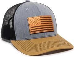 OC Sports USA771 American Flag Leather Patch Cap -Heathered Gray Black Old Gold - Gray Black / 6 7/8’’ - 7 1/2’’