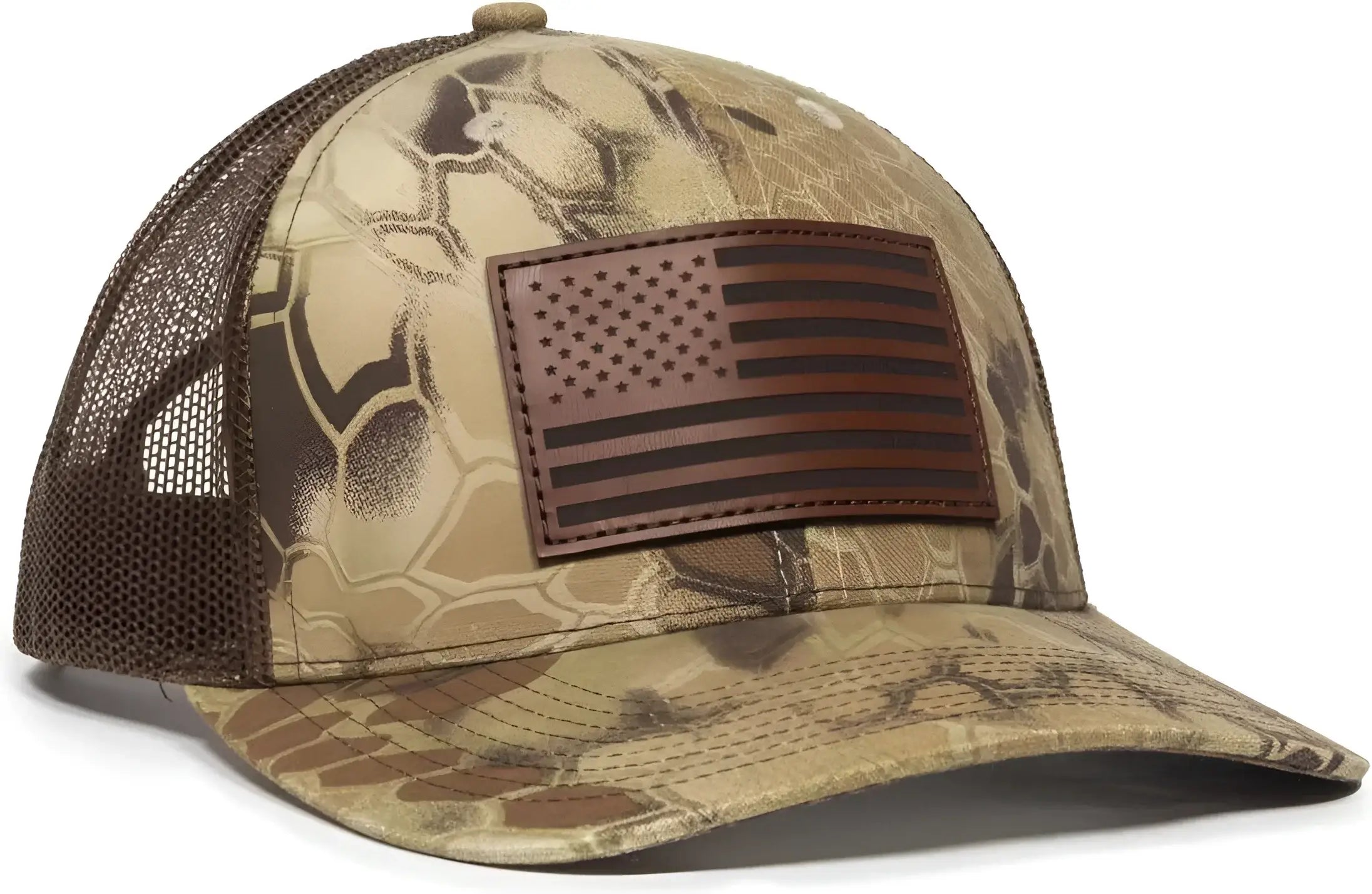 OC Sports USA771CAMO American Flag Leather Patch Cap -Kryptek Highlander Brown - Kryptek Brown / 6 7/8’’ - 7 1/2’’