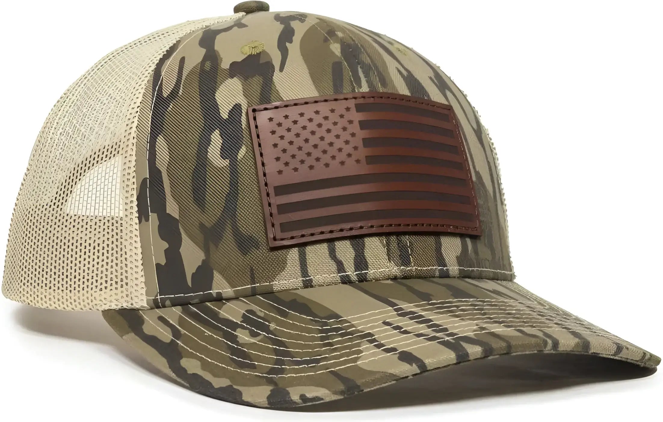 OC Sports USA771CAMO American Flag Leather Patch Cap -Mossy Oak Original Bottomland Tan - Mossy Oak Tan / 6 7/8’’ - 7