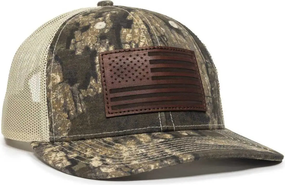 OC Sports USA771CAMO American Flag Leather Patch Cap - Realtree Timber Tan - Realtree Tan / 6 7/8’’ - 7 1/2’’