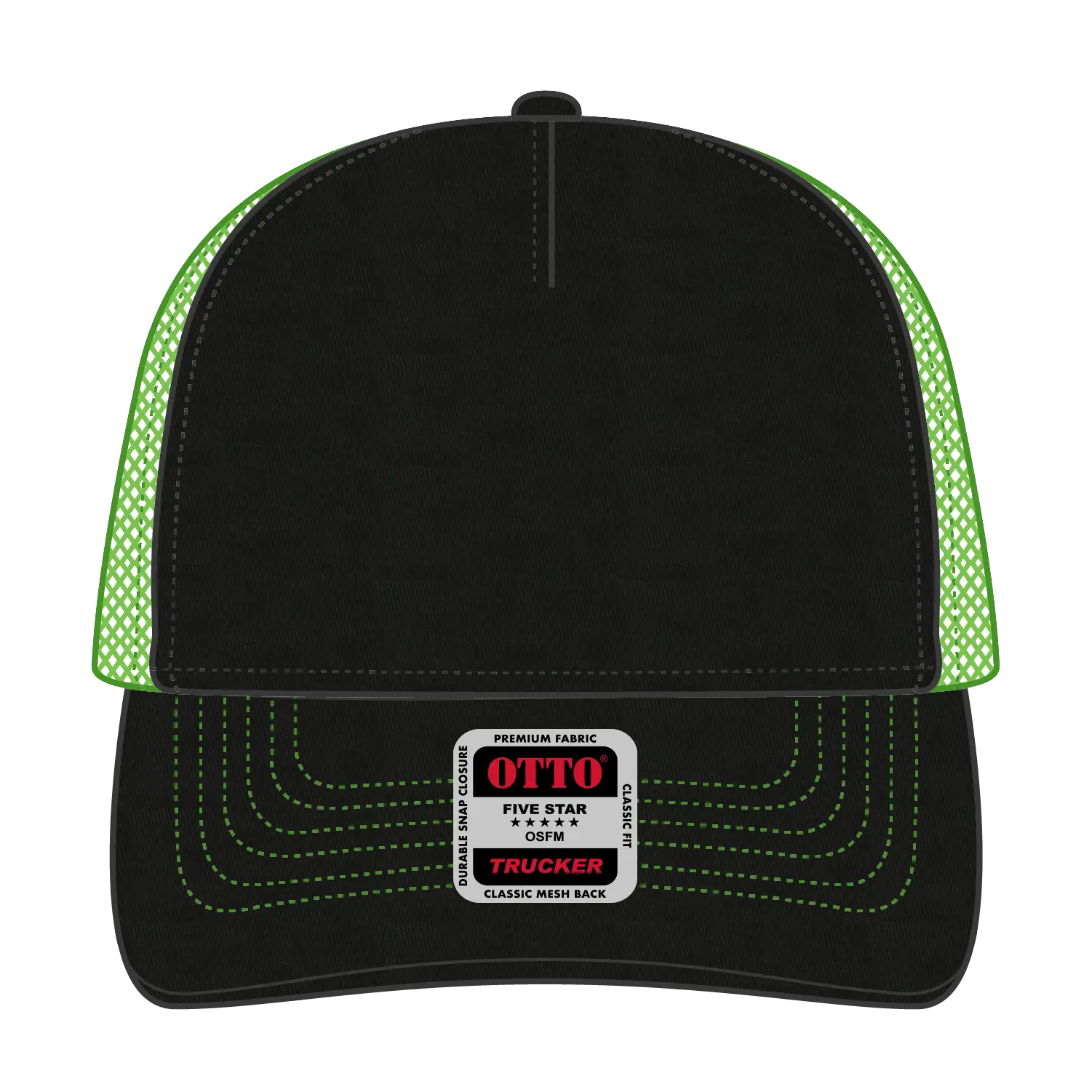 OTTO 102-664 5 Panel Low Profile Mesh Back Trucker Cap - Blk/Blk/N.Grn - Blk/Blk/N.Grn / 6 1/2’’ - 7 5/8’’