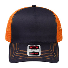 OTTO 102-664 5 Panel Low Profile Mesh Back Trucker Cap - Blk/Blk/N Org - Blk/Blk/N Org / 6 1/2’’ - 7 5/8’’