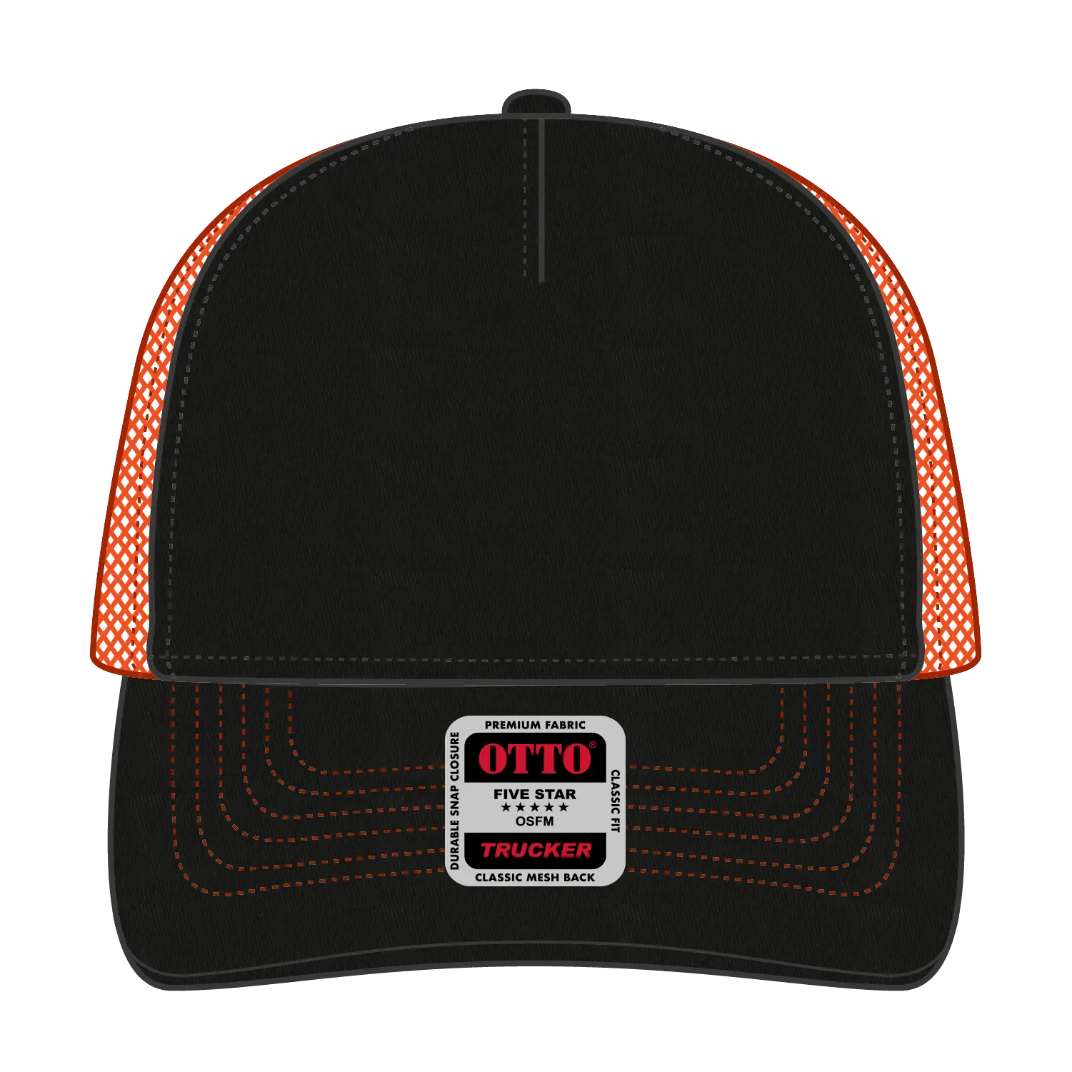 OTTO 102-664 5 Panel Low Profile Mesh Back Trucker Cap - Blk/Blk/N Org - Blk/Blk/N Org / 6 1/2’’ - 7 5/8’’