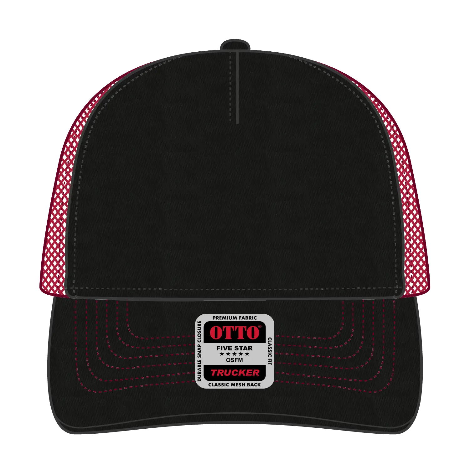 OTTO 102-664 5 Panel Low Profile Mesh Back Trucker Cap - Blk/Blk/Red - Blk/Blk/Red / 6 1/2’’ - 7 5/8’’