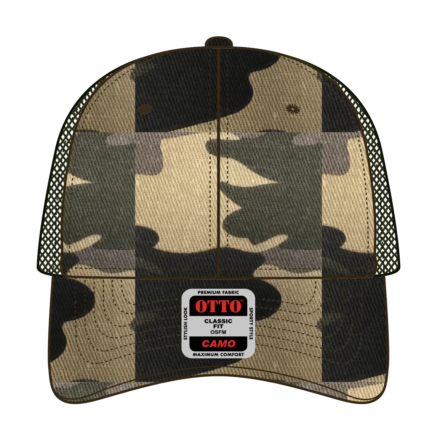 OTTO 105-1247 Camouflage 6 Panel Low Profile Mesh Back Trucker Cap - Camo/OliveMesh - Camo/OliveMesh / 6 1/2’’ - 7 5/8’’