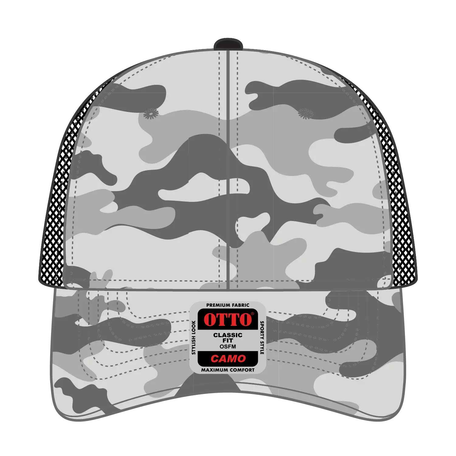 OTTO 105-1247 Camouflage 6 Panel Low Profile Mesh Back Trucker Cap - St.Gry/Gry/Blk - St.Gry/Gry/Blk / 6 1/2’’ - 7 5/8’’