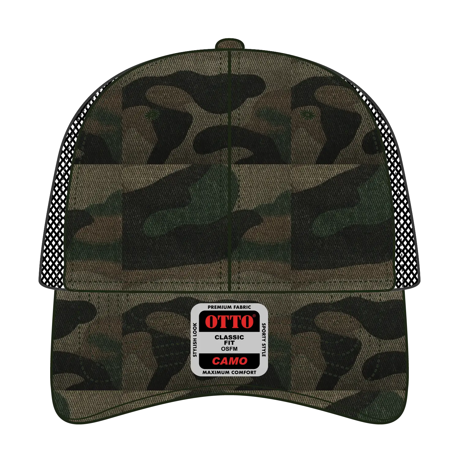OTTO 105-1247 Camouflage 6 Panel Low Profile Mesh Back Trucker Cap - Camo/BlackMesh - Camo/BlackMesh / 6 1/2’’ - 7 5/8’’