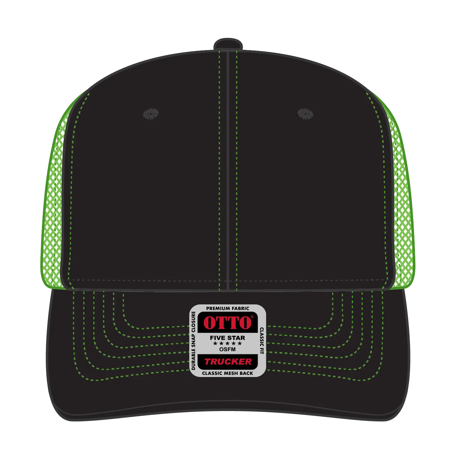 OTTO 112-1 6 Panel Mid Profile Mesh Back Trucker Cap - Blk/Blk/N.Grn - Blk/Blk/N.Grn / 7 3/8’’ - 7 5/8’’