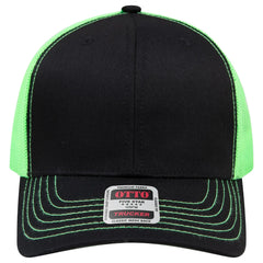 OTTO 112-1 6 Panel Mid Profile Mesh Back Trucker Cap - Blk/Blk/N.Grn - Blk/Blk/N.Grn / 7 3/8’’ - 7 5/8’’
