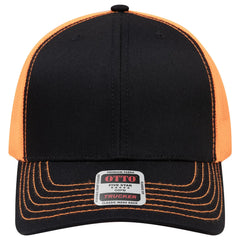 OTTO 112-1 6 Panel Mid Profile Mesh Back Trucker Cap - Blk/Blk/N Org - Blk/Blk/N Org / 7 3/8’’ - 7 5/8’’