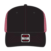 OTTO 112-1 6 Panel Mid Profile Mesh Back Trucker Cap - Blk/Blk/Red - Blk/Blk/Red / 7 3/8’’ - 7 5/8’’