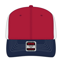 OTTO 112-1 6 Panel Mid Profile Mesh Back Trucker Cap - Nvy/Red/Wht - Nvy/Red/Wht / 7 3/8’’ - 7 5/8’’