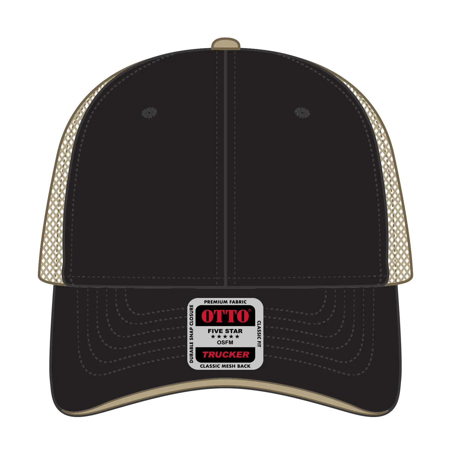 OTTO 122-945 6 Panel Low Profile Mesh Back Trucker Cap - Blk/Blk/Kha - Blk/Blk/Kha / 6 1/2’’ - 7 5/8’’