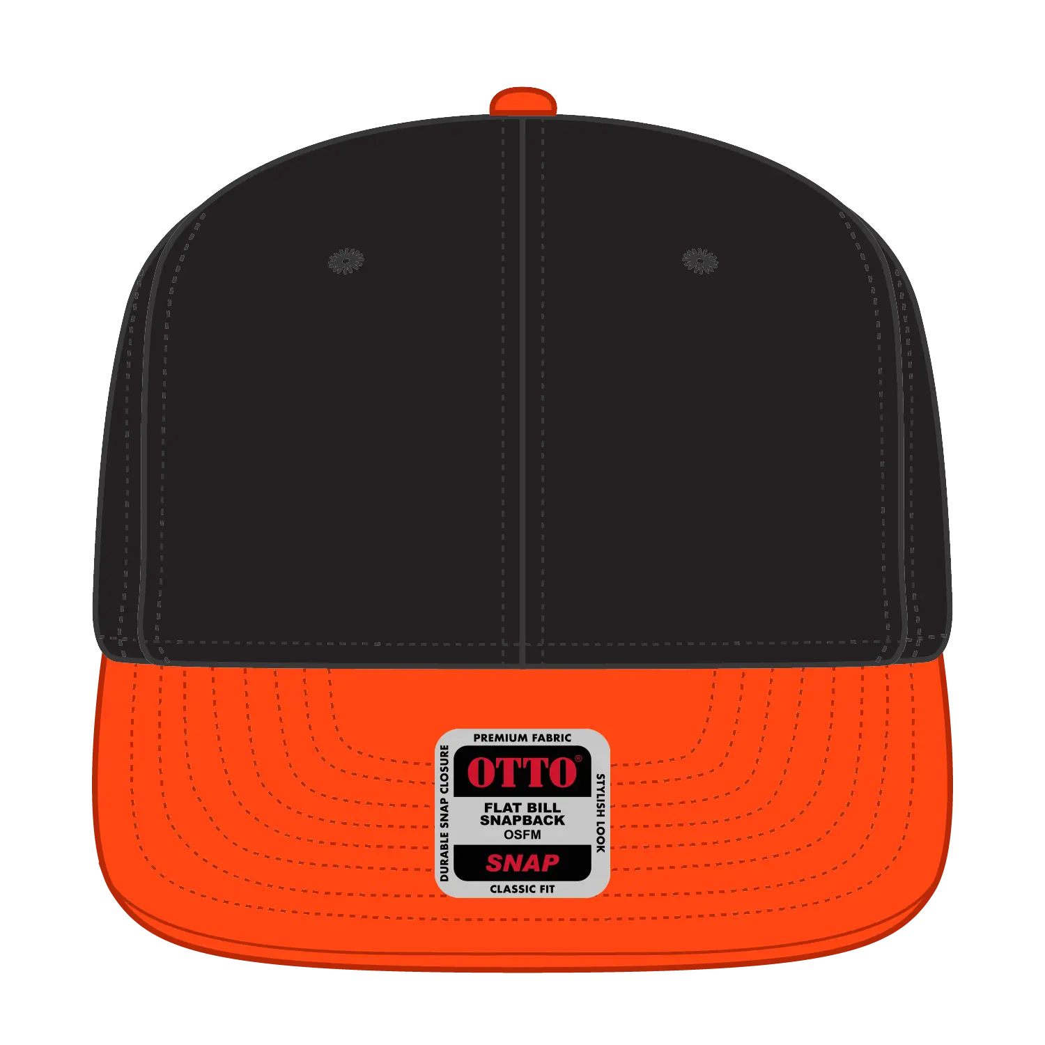 OTTO 125-978 ’OTTO Snap’ 6 Panel Pro Style Snapback Cap - Org/Blk/Blk - Org/Blk/Blk / 6 1/2’’ - 7 5/8’’