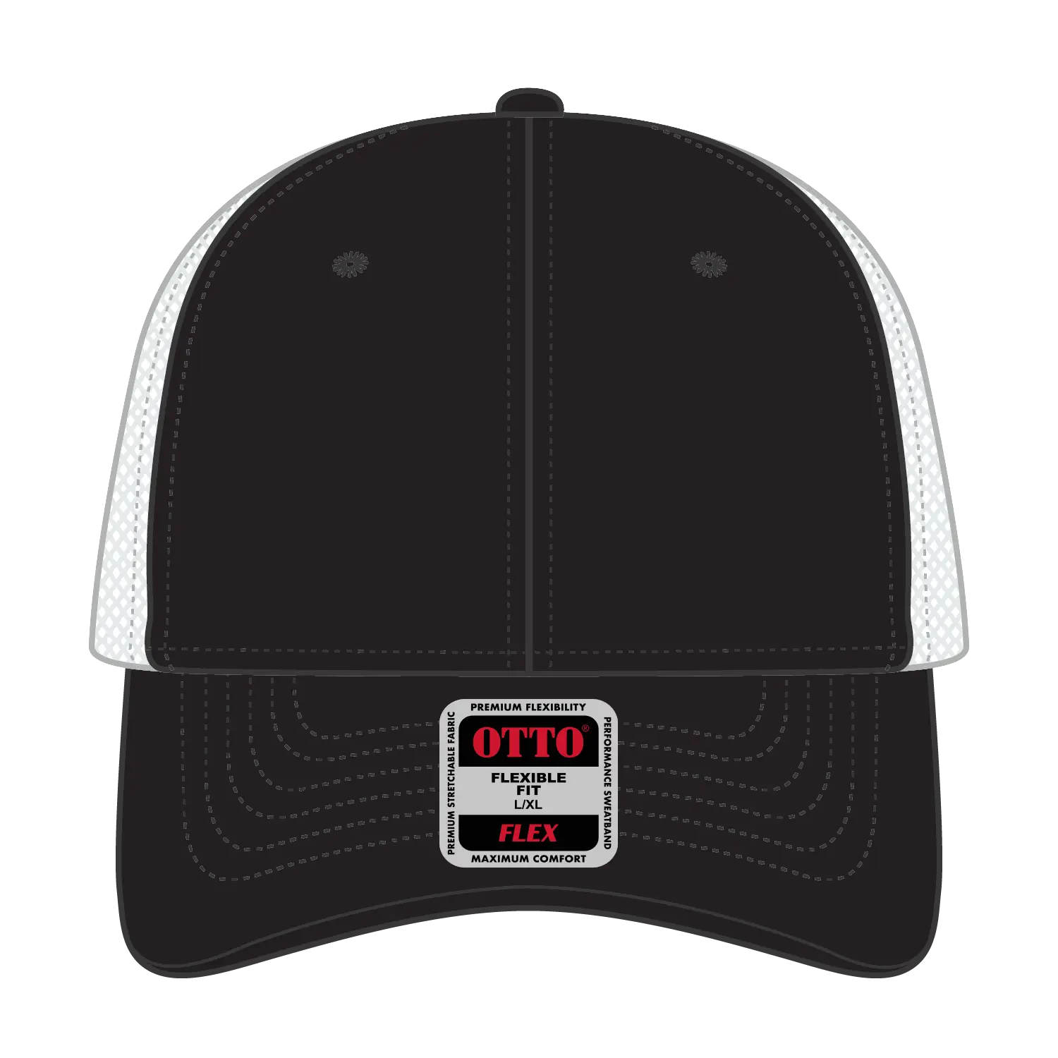 OTTO 135-1230 ’OTTO Flex’ Fitted 6 Panel Low Profile Mesh Back Trucker Cap - Blk/Blk/Wht - Blk/Blk/Wht / 7 3/8’’ - 7