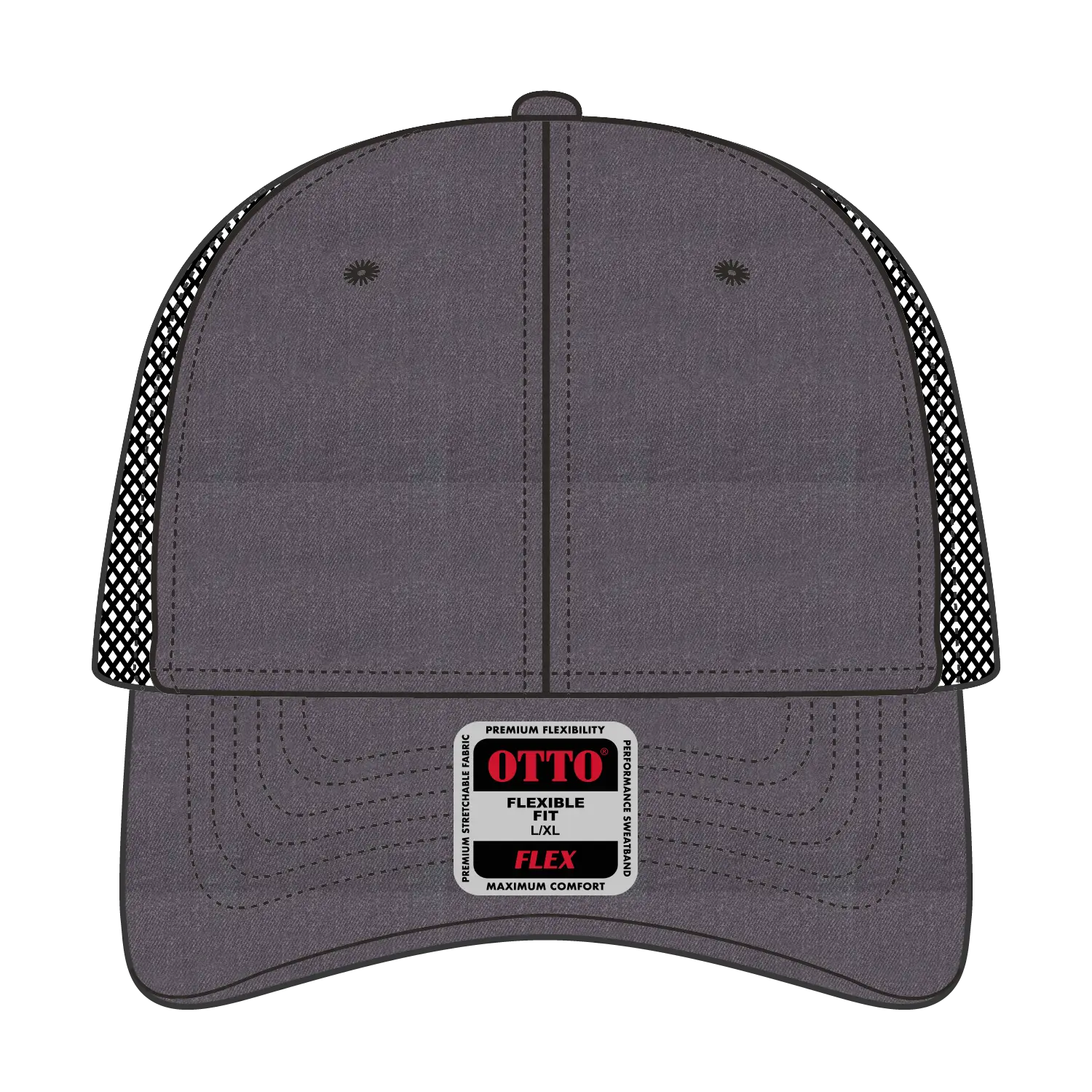 OTTO 135-1230 ’OTTO Flex’ Fitted 6 Panel Low Profile Mesh Back Trucker Cap - Ht.Blk/Blk - Ht.Blk/Blk / 7 3/8’’ - 7 5/8’