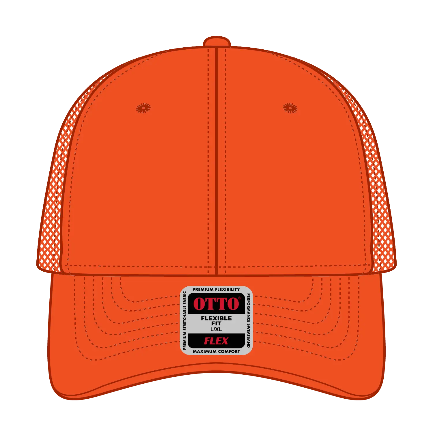 OTTO 135-2 ’OTTO Flex’ Fitted 6 Panel Low Profile Mesh Back Trucker Cap - N. Orange - N. Orange / 7 3/8’’ - 7 5/8’’